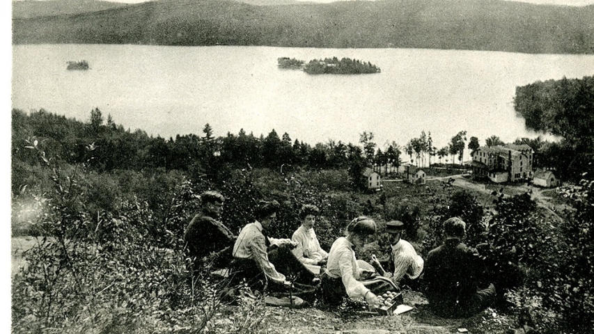Postcard Collection: Lunch on Top of Eagle Mountain Group of picnickers overlooking Adirondack lake