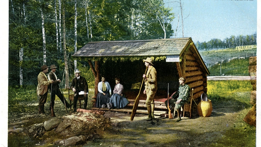 Postcard Collection: An Open Camp in the Adirondacks Adirondack style shelter in the forest with several campers.