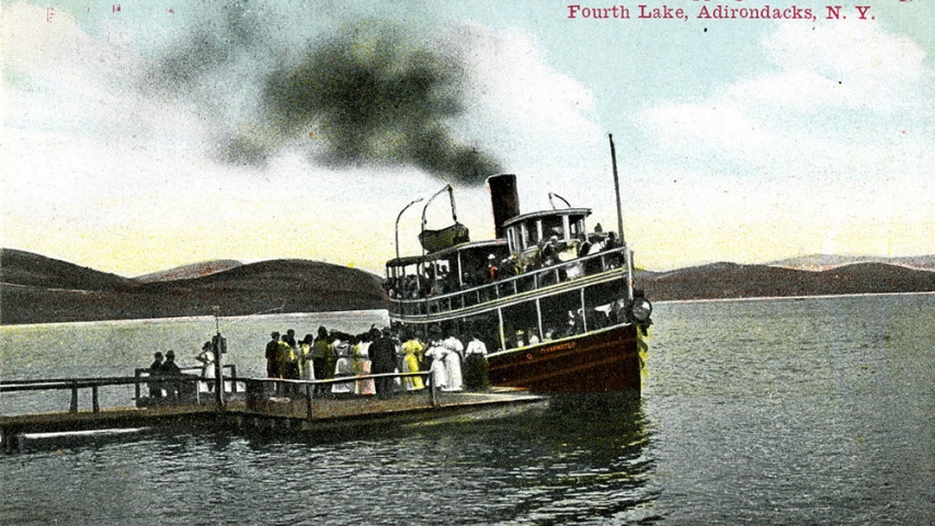 Postcard Collection: Str. Clearwater Stopping at Beckers Camp Fourth Lake Steamboat docking in a forest lake