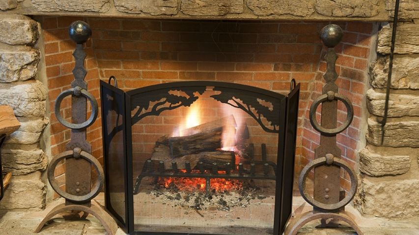 ARL Facilities 8 Stone fireplace with iron log holders and tools.