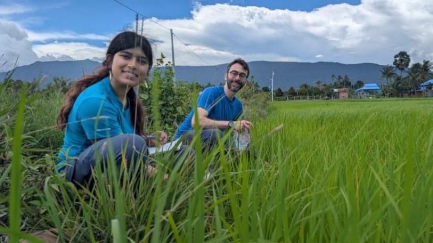 Sienna conducting field research in Cambodia alongside Geosciences Professor Mason Stahl. Supported by a Davenport Summer Research Fellowship, Sienna gathered soil and crop samples across the region to analyze arsenic levels.