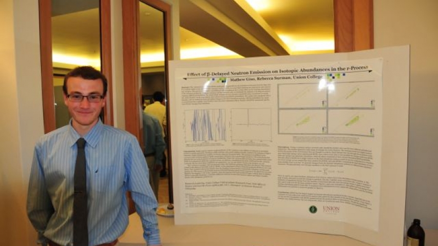 Matt Giso next to poster at the 4th Joint Meeting (2014) of the Nuclear Physics Division of the APS