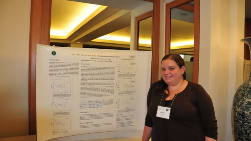 Rebeka Kelmar next to poster at the 4th Joint Meeting (2014) of the Nuclear Physics Division of the APS