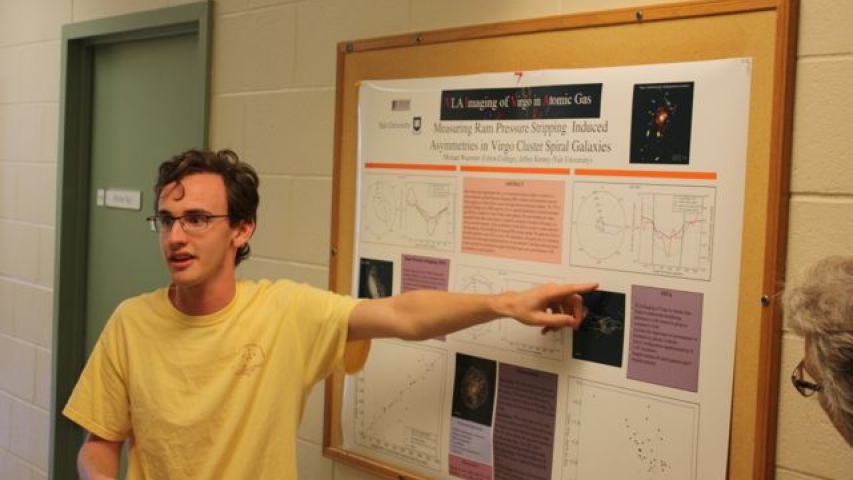 Michael explains his research on evolutionary processes affecting galaxies in clusters during a Hoffleit Undergraduate Research position at Yale University