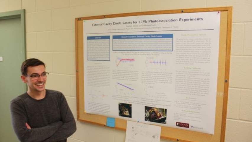 Steve next to poster on applying lasers to photo-association.