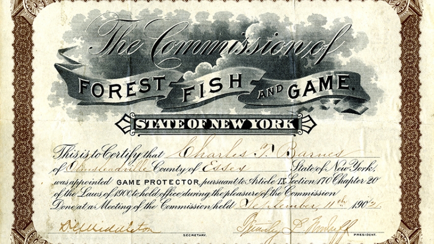 A commission appointing Charles T. Barnes as Game Protector in 1902.