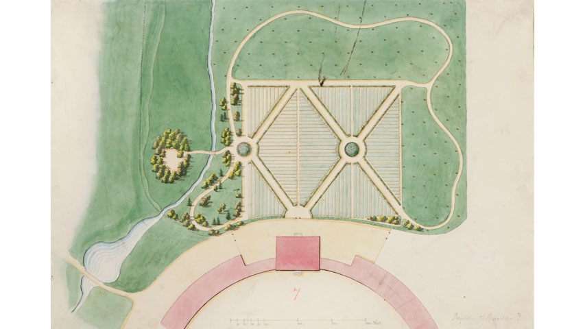 Plan of landscaping behind house with watercolor, Ramee Documents Collection (SCA-1159)