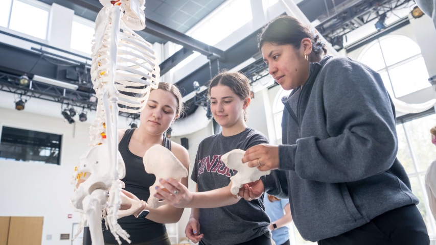 Three students look at the body's bones.