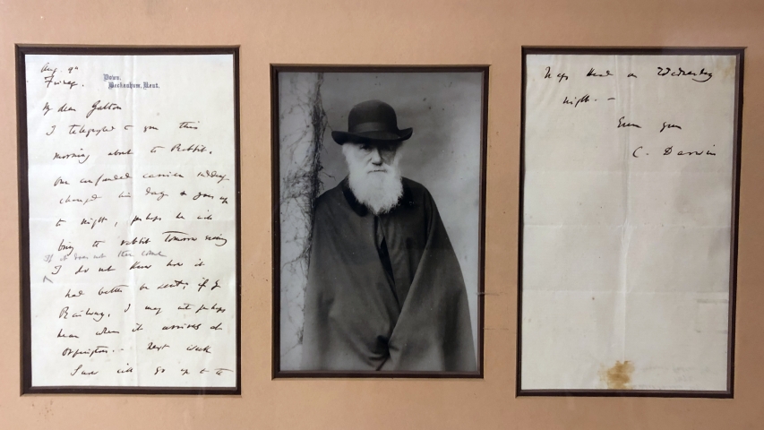 A framed photo of letter from Charles Darwin
