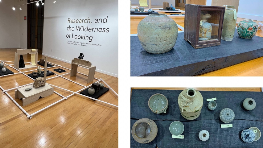 An installation that showcases select pieces of Asian pottery collected by a former geology professor