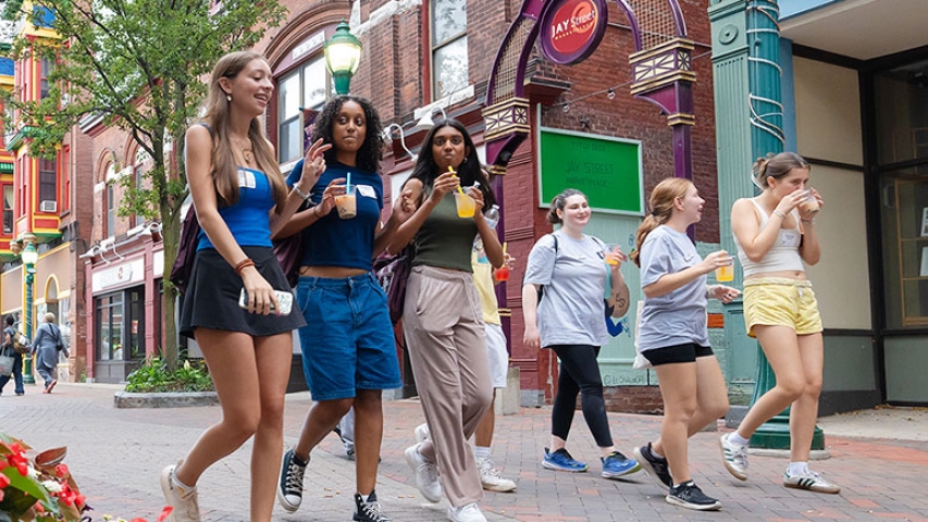Students strolling down Jay Street in Schenectady, NY