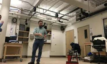 Using a student-designed robot, John Rieffel, associate professor of computer science, demonstrates how a new high-speed, high precision 3D motion capture system will transform research at Union.