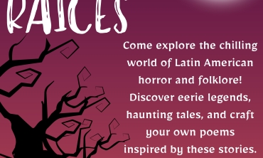 Poster with haunted trees on a eerie purple background with hills and a moon