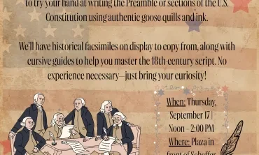 Flyer displaying Constitution Day text themed around historical images and the U.S. flag.
