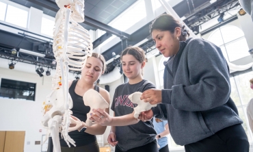 Three students look at the body's bones.