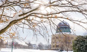 A winter view of the campus with the Nott Memorial in the background