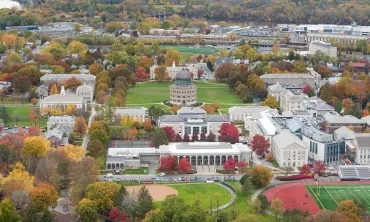 A fall aerial view of the campus ands surrounding area