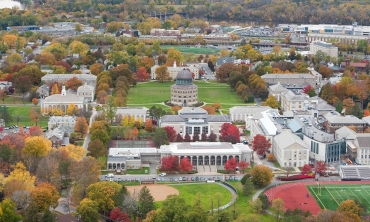 A fall aerial view of the campus ands surrounding area