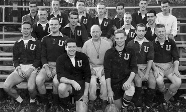 Howard Rosenkrantz ’57 (second row, second from right, beside Coach Franz Gleich) sits with the 1957 soccer team.