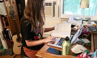 Mia Villeneuve '22 works on her summer research project from her home in Croton-On-Hudson, N.Y. The COVID-19 pandemic forced all student summer research online.