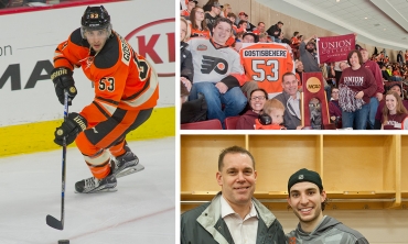 Rick Bennett, right, head coach of men's ice hockey, meets Shane Gostibehere '15 after a Flyers win