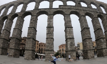 Catherine Seaman '22 is pictured at the Roman aqueduct of Segovia in Spain.