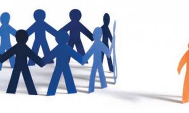 A graphic showing someone being excluded from a group