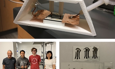 Top: A humidity chamber used to test sensors created in the lab.  Bottom left: From left are Stan Gorski, Sang Duong '23, Luke Kilby '23 and Yijing Stehle. Bottom right: ensors made from dropping multiple layers of graphene ink onto a mold.