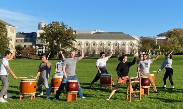Professor Jennifer Matsue and students in her Japanese Drumming Workshop add a percussive beat to campus on a beautiful fall day.