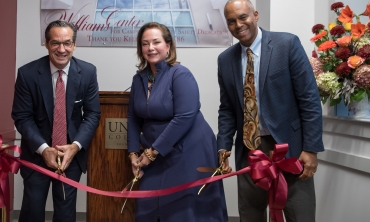 Robert D. Bertagna ’85, chairman of the school’s Board of Trustees, Kelly Williams '86 and President David Harris at dedication of the Williams Center for Campus Community Safety.