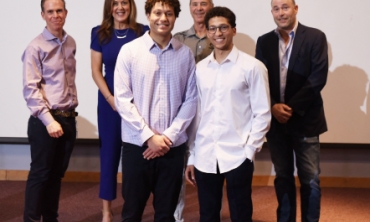 Twins Sean and Justin Regis '23, winners of the pitch competition, with judges Tony Versaci ’91, Catharine Potvin ’97, Michael Esposito ’72 and Thomas Coleman '88.