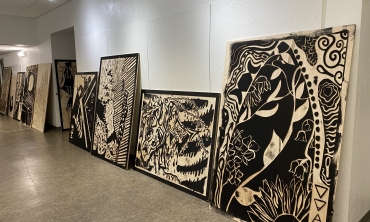 Woodblock prints in Visual Arts building hallway