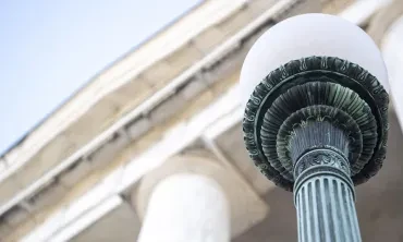 A view of a lamp in front of Memorial Chapel