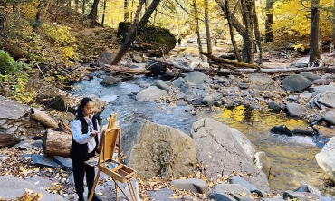 A student  painting new the Kaaterskill Falls, in Palenville, N.Y.