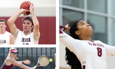 Left to right:Men's basketball player makes a shot; women's volleyball play spikes the ball; a women's tennis play lobs one over the net.