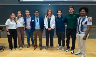 Founders of eLEVate and Flicc with the judges of Union’s second annual business competition. From left: Emily Abruzzese ‘23, Anna Hoffman ’23, Tony Versaci ’91, Bobby Syed ’03, Catharine Potvin ’97, Max Gluck ’25, Anthony Condemi ’25 and Jonathan Anderson ’25.