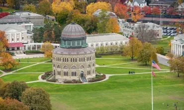 A view of the campus, including the Nott Memorial,  as seen from an aerial drone
