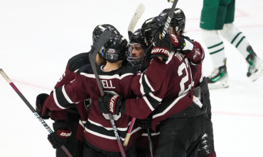 Hockey players embrace on the ice.