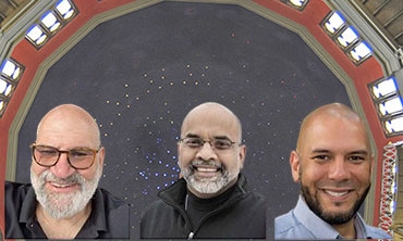 Three clergy superimposed against a photograph of the Nott Memorial ceiling