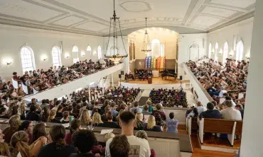 As chants of “Let’s go U” filled a packed Memorial Chapel, Union officially kicked off its 232nd academic year with an hour-long ceremony Tuesday afternoon. The athletic chants were a nod to a special guest on the dais, former Union men's hockey star Shayne Gostisbehere ’15. Gostisbehere was back on campus to receive the Eliphalet Nott Medal. Established in 1995, the medal is awarded to alumni who have achieved outstanding success in their professional fields. The medal is named for Eliphalet Nott, presiden