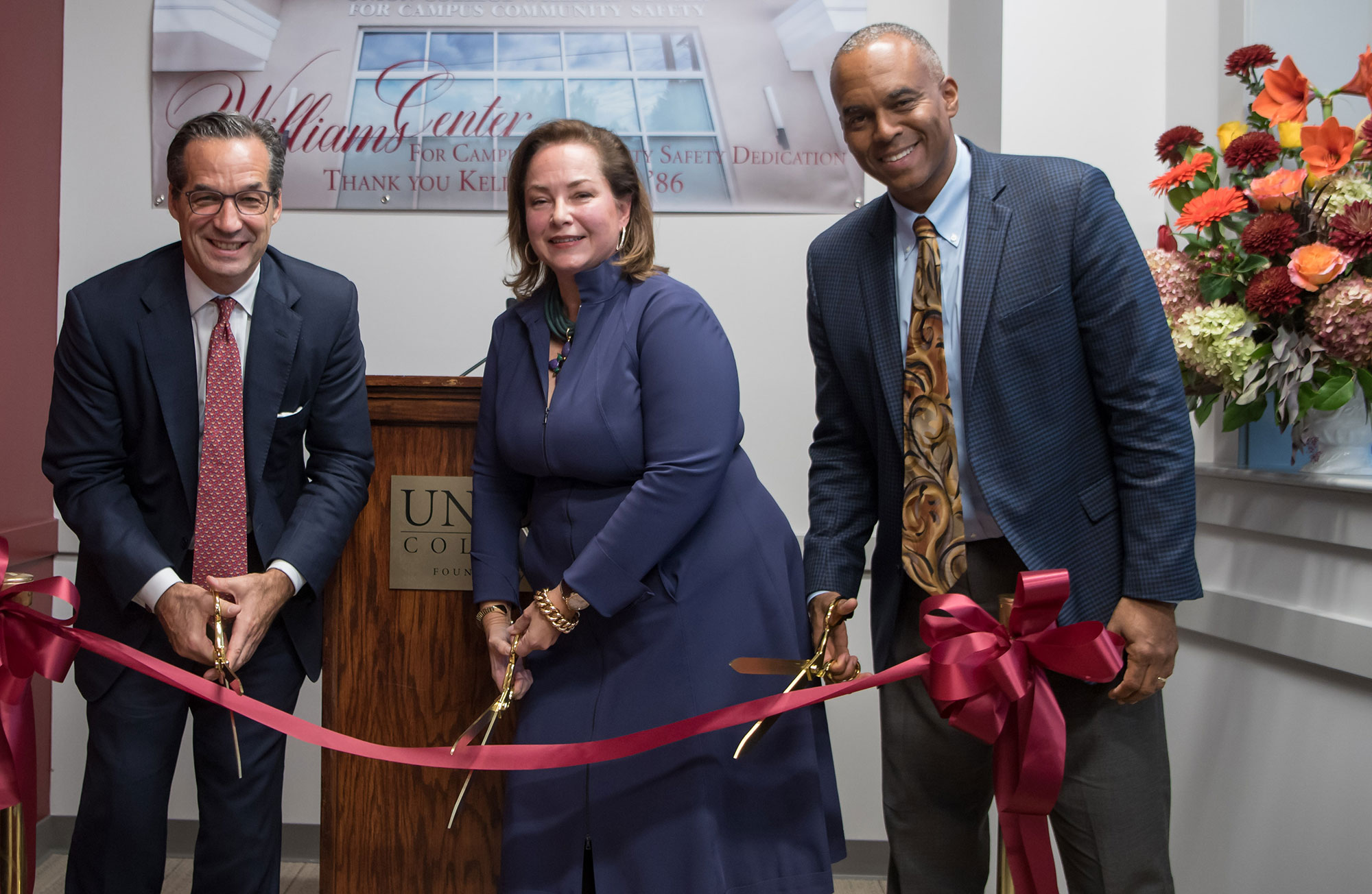 Robert D. Bertagna ’85, chairman of the school’s Board of Trustees, Kelly Williams '86 and President David Harris at dedication of the Williams Center for Campus Community Safety.