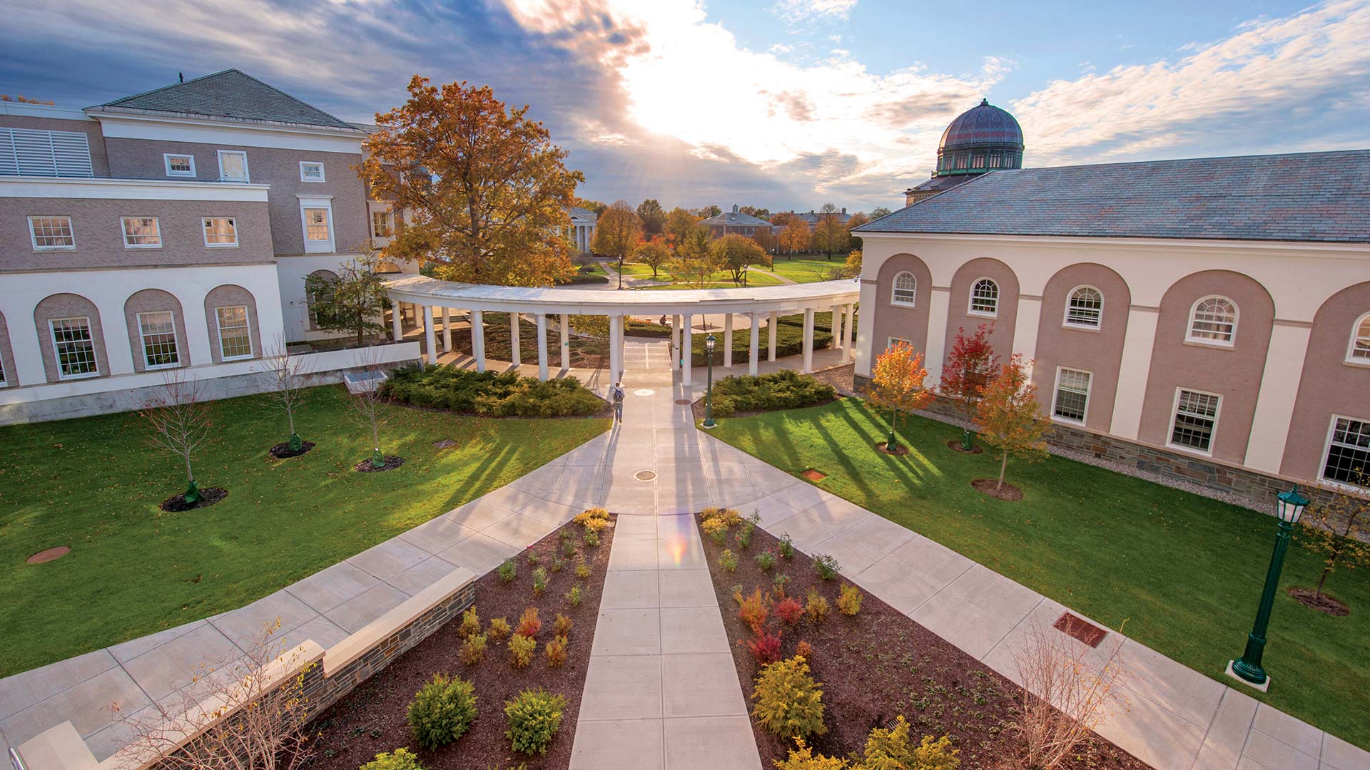 An aerial perspective of the Union College campus, prominently showcasing the Nott Memorial.