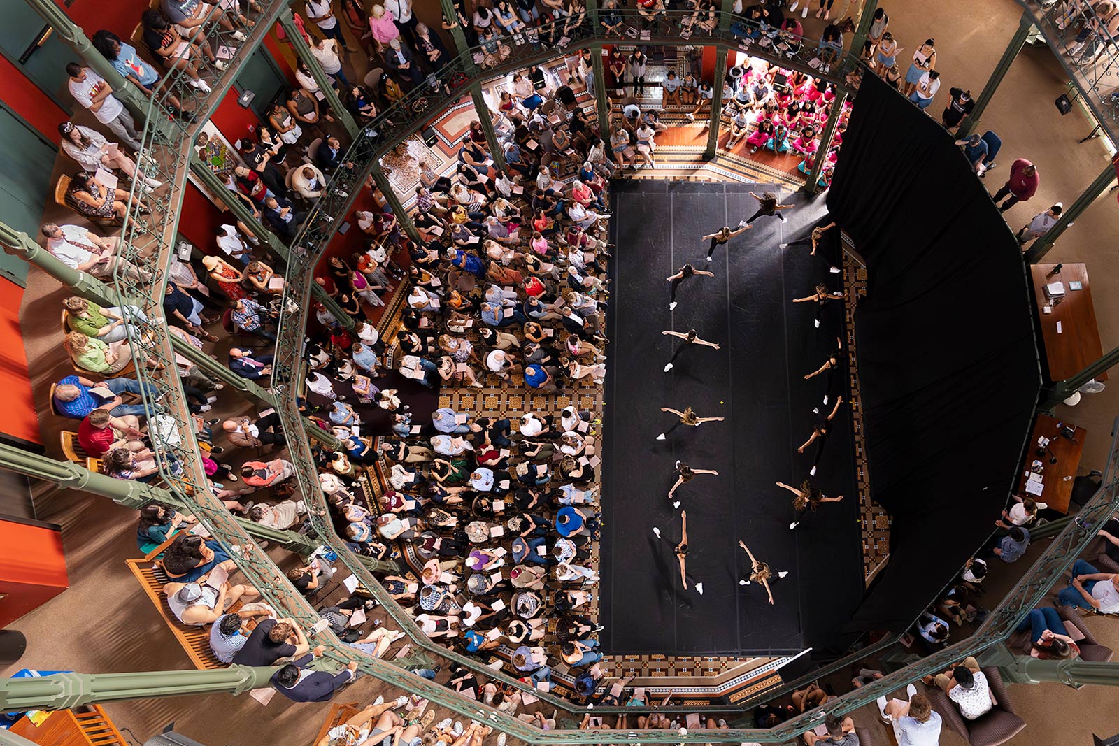 A view from the second floor of the Nott Memorial of a dance performance below.