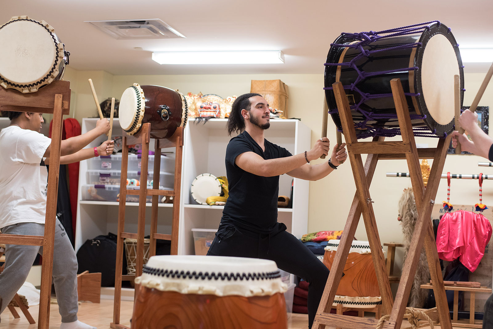 The Union College Japanese Drumming Ensemble practicing in one of the music classrooms.