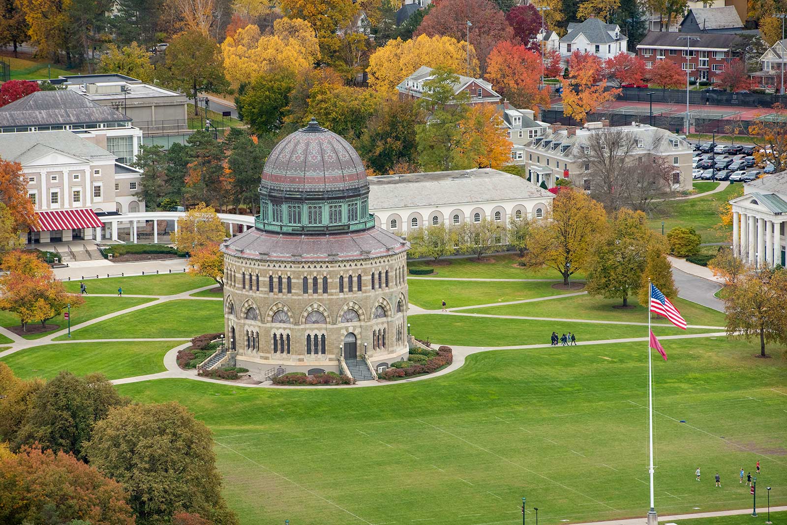 An aerial perspective of the Union College campus, prominently showcasing the Nott Memorial.